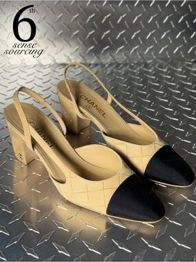 Chanel 25C Grosgrain & Suede Slingback Embellished Pumps in Beige/Black 40.5